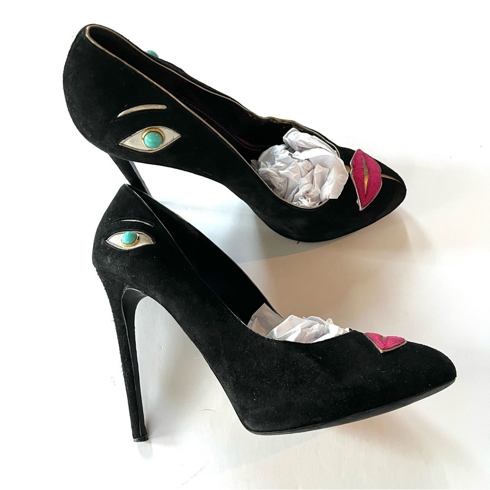 Dolce &’Gabbana Portrait Evil Eye Lips & Eyes Black Suede Stiletto Heels